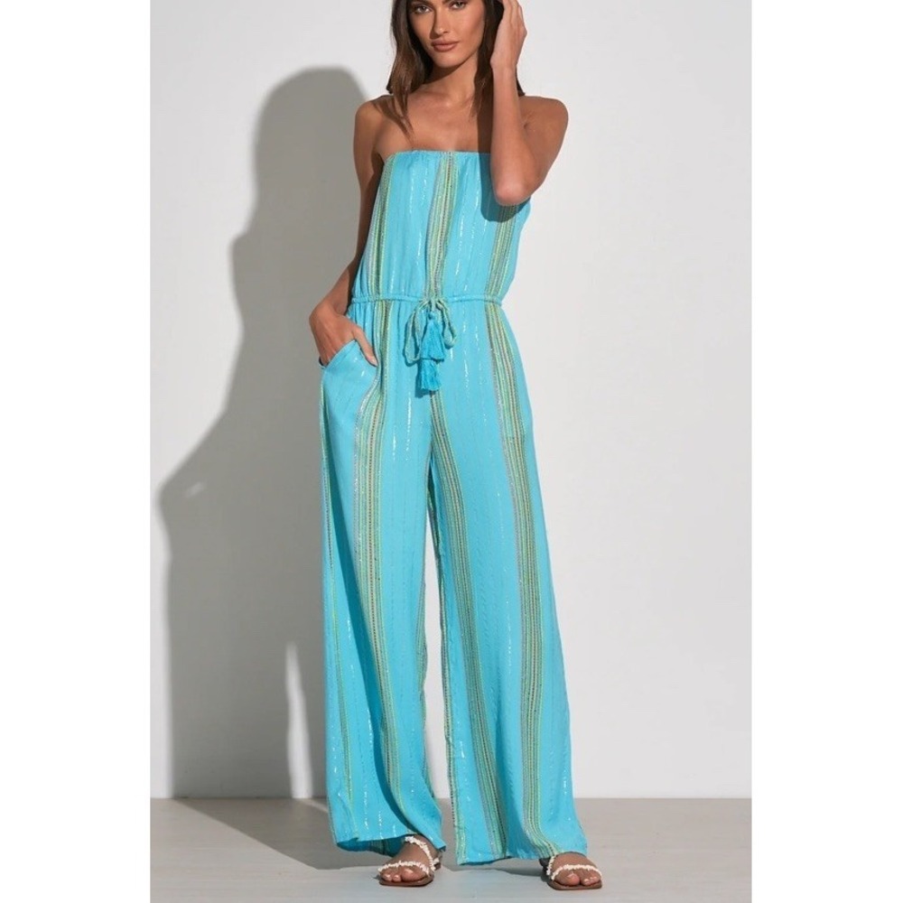 Elan strapless wide-leg cover-up jumpsuit in a teal stripe pattern sz small NWT